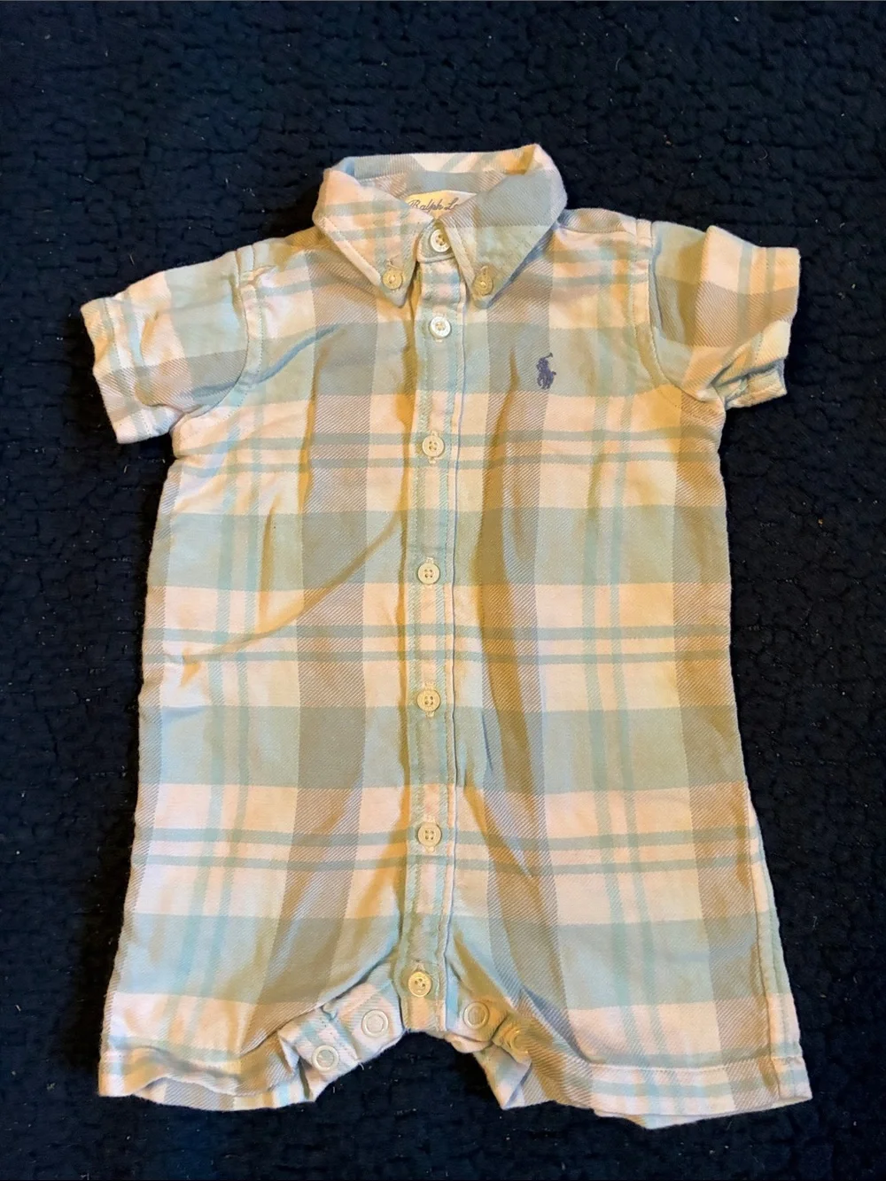 Ralph Lauren Plaid Button-Front Baby Romper in Blue / green & Cream